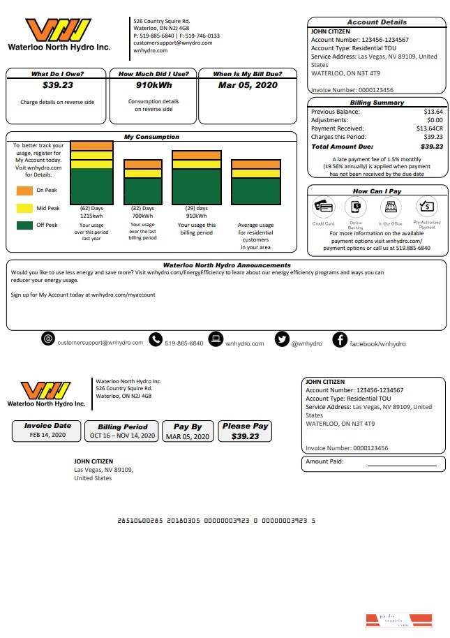 USA Nevada Waterloo North Hydro utility bill template in Word and PDF format (version 2)
